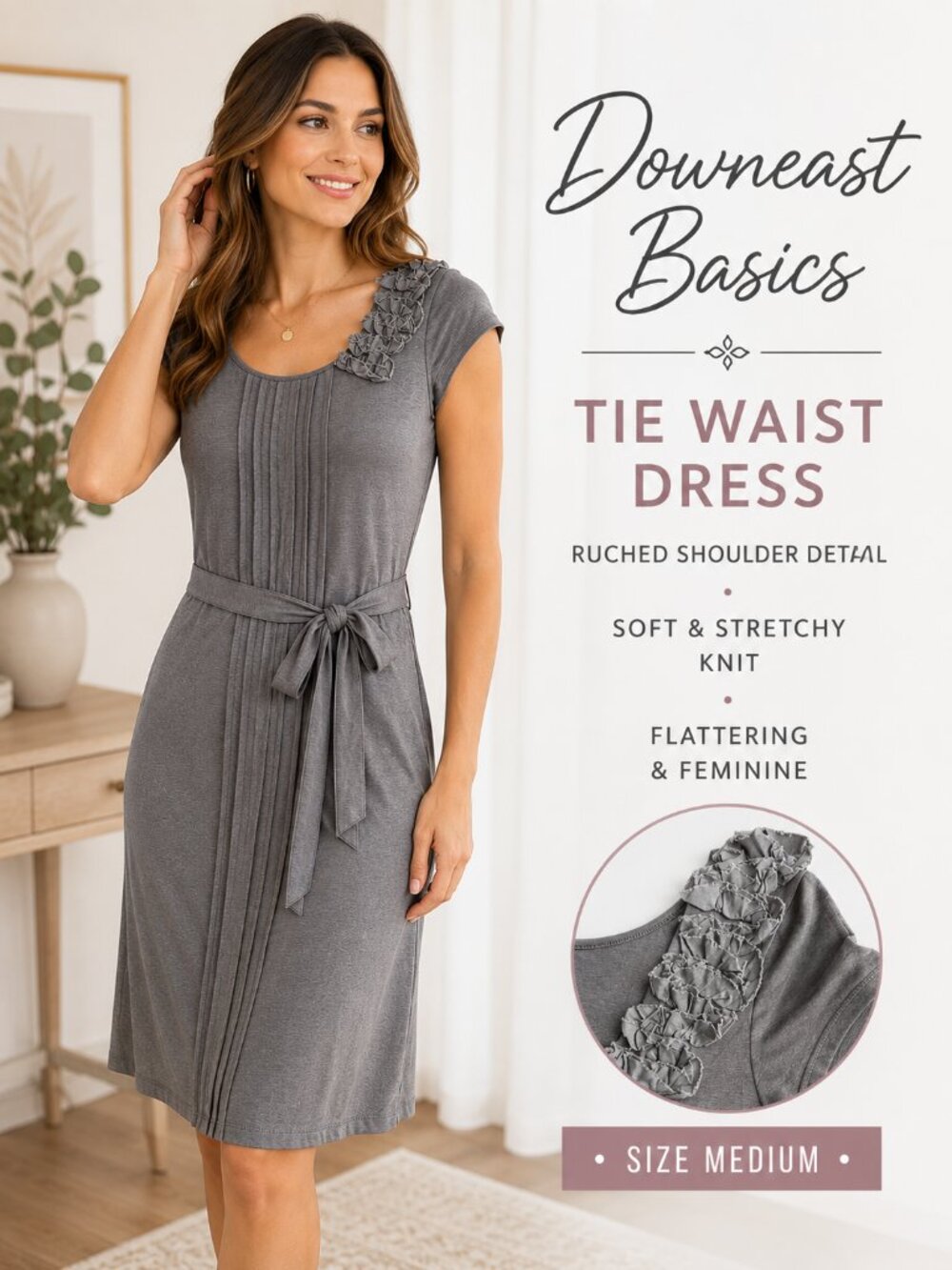 Downeast Basics Gray Ruched Shoulder Tie Waist Dress Size Medium